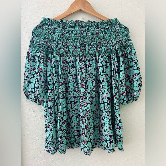 MAJE 'Lafine' Off-the-Shoulder Green Floral-Print Smocked Top Size 1/ US S - Picture 3 of 8